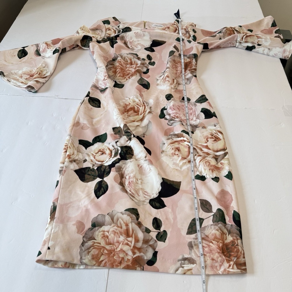 Calvin Klein Pink Floral Bell Sleeve Stretch Crepe Sheath Dress Size 6‎ - Picture 13 of 15
